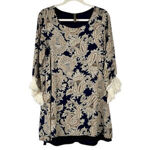 Entro Women’s Paisley Crewneck Long Sleeve Fringe Dress Small